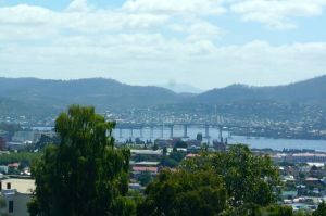 Hobart's Tasman Bridge in the city and in the pouring rain